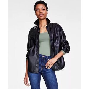 Crave Fame Juniors' Faux-Leather Button-Front Shacket Black Size XS